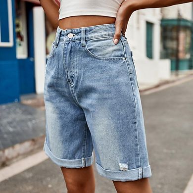 Women Distressed Cuffed 5-Point Denim Shorts High-Waisted Slimming Bermuda Trendy Versatile Bottoms