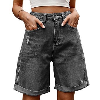 Women Distressed Cuffed 5-Point Denim Shorts High-Waisted Slimming Bermuda Trendy Versatile Bottoms