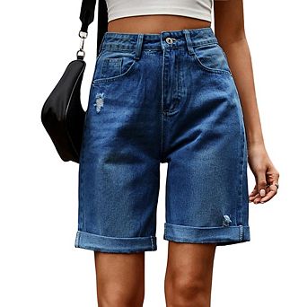 Women Distressed Cuffed 5-Point Denim Shorts High-Waisted Slimming Bermuda Trendy Versatile Bottoms