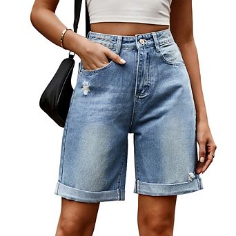 Women Distressed Cuffed 5-Point Denim Shorts High-Waisted Slimming Bermuda Trendy Versatile Bottoms