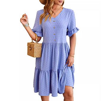 Women's Classic V-Neck Dotted Jacquard Dress Cinched Waist Bell Sleeve Pleated A-Line Midi Dress