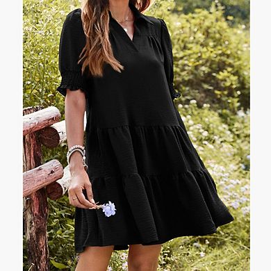Women Summer Ruffled Dress Loose Collared V-Neck Patchwork Puff Sleeve Versatile Short Sleeve Dress