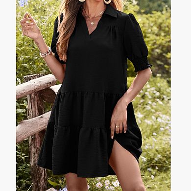 Women Summer Ruffled Dress Loose Collared V-Neck Patchwork Puff Sleeve Versatile Short Sleeve Dress