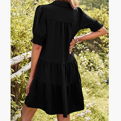 Women Summer Ruffled Dress Loose Collared V-Neck Patchwork Puff Sleeve Versatile Short Sleeve Dress