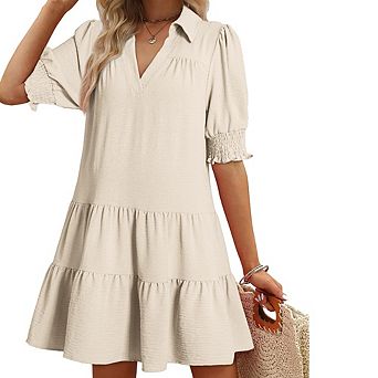 Women Summer Ruffled Dress Loose Collared V-Neck Patchwork Puff Sleeve Versatile Short Sleeve Dress