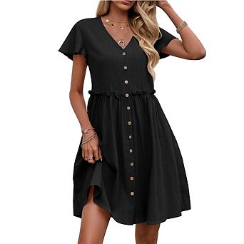 Women's Bohemian V-Neck Dress Short Sleeve Ruffled Button Detail Dress Romantic Slim-Fit Midi Gown