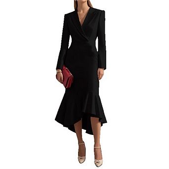 Women Premium Blazer-Style V-Neck Dress Slim Fit Waist-Cinched Bodycon Mermaid Midi Dress for Office