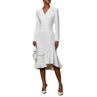 Women Premium Blazer-Style V-Neck Dress Slim Fit Waist-Cinched Bodycon Mermaid Midi Dress for Office