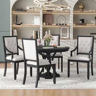 Whisen Retro 5-Piece Dining Table Set with Extendable Round Table and 4 Upholstered Chairs