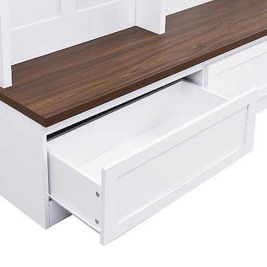 Whisen Farmhouse 4-in-1 Coat Rack, Hall Tree with Wood Grain Bench and 2 Large Drawers