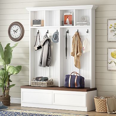 Whisen Farmhouse 4-in-1 Coat Rack, Hall Tree with Wood Grain Bench and 2 Large Drawers