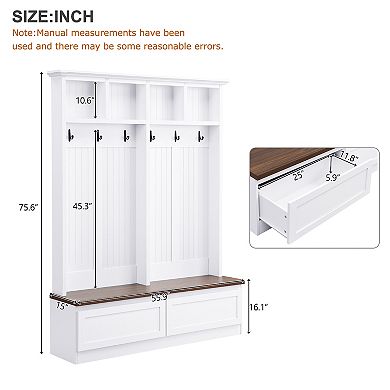 Whisen Farmhouse 4-in-1 Coat Rack, Hall Tree with Wood Grain Bench and 2 Large Drawers
