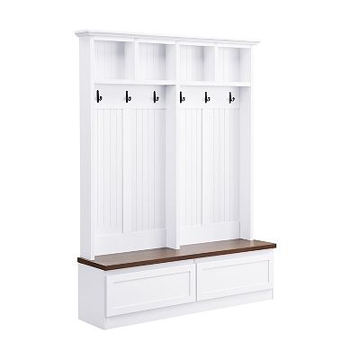 Whisen Farmhouse 4-in-1 Coat Rack, Hall Tree with Wood Grain Bench and 2 Large Drawers