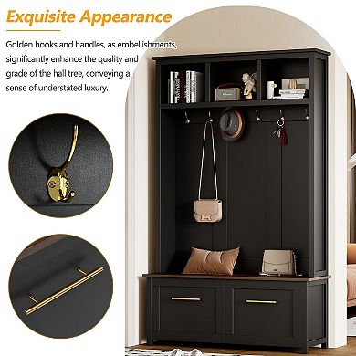 Whisen Versatile 4-in-1 Coat Rack, Wood Grain Bench with 6 Golden Hooks and 2 Drawers