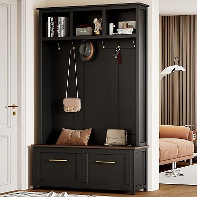 Whisen Versatile 4-in-1 Coat Rack, Wood Grain Bench with 6 Golden Hooks and 2 Drawers