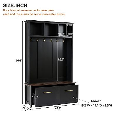 Whisen Versatile 4-in-1 Coat Rack, Wood Grain Bench with 6 Golden Hooks and 2 Drawers