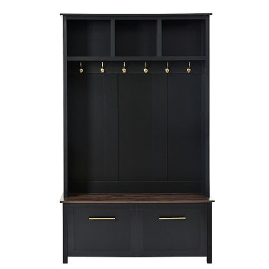 Whisen Versatile 4-in-1 Coat Rack, Wood Grain Bench with 6 Golden Hooks and 2 Drawers