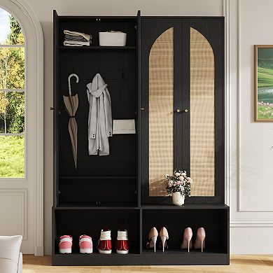 Whisen Farmhouse Coat Rack with 4 Rattan Doors with Storage Bench, Hooks and Adjustable Shelves