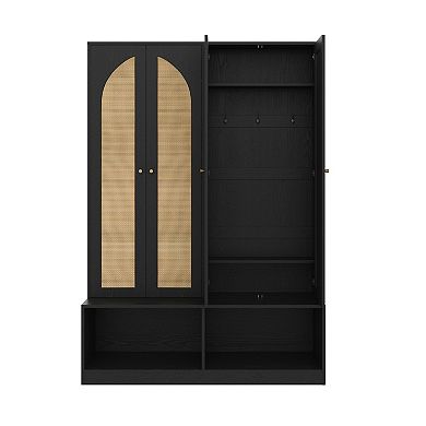 Whisen Farmhouse Coat Rack with 4 Rattan Doors with Storage Bench, Hooks and Adjustable Shelves