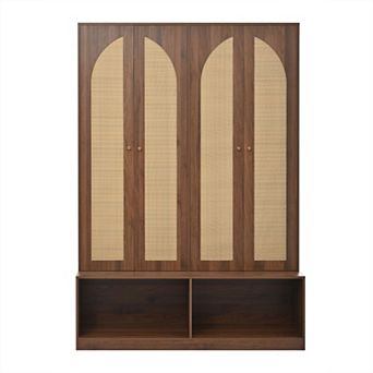 Whisen Farmhouse Coat Rack with 4 Rattan Doors with Storage Bench, Hooks and Adjustable Shelves