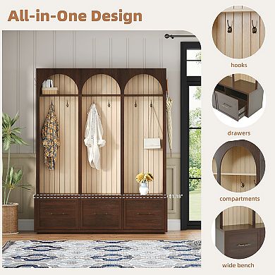 Whisen Farmhouse Coat Rack with Arched Design, 8 Retro Hooks, Shoe Organizer with 3 Drawers