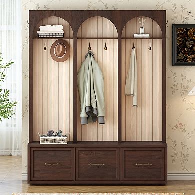 Whisen Farmhouse Coat Rack with Arched Design, 8 Retro Hooks, Shoe Organizer with 3 Drawers