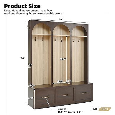 Whisen Farmhouse Coat Rack with Arched Design, 8 Retro Hooks, Shoe Organizer with 3 Drawers