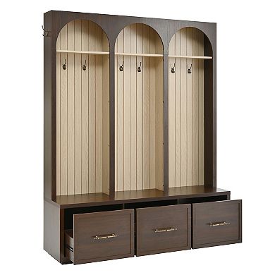 Whisen Farmhouse Coat Rack with Arched Design, 8 Retro Hooks, Shoe Organizer with 3 Drawers