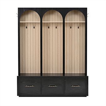 Whisen Farmhouse Coat Rack with Arched Design, 8 Retro Hooks, Shoe Organizer with 3 Drawers