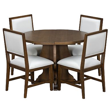Whisen Farmhouse 5-Piece Dining Table Set with Extendable Table and 4 Upholstered Chairs