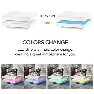 Whisen High Gloss Minimalist 2-Tier Square Coffee Table with LED Lights