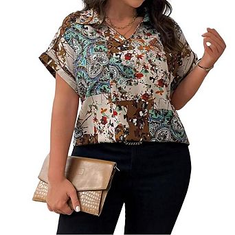Women Short Sleeve V Neck Boho Floral Shirt Top Dressy Summer Casual Vintage Lapel Blouse