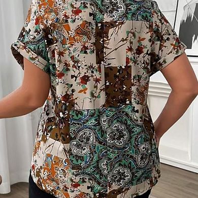 Women Short Sleeve V Neck Boho Floral Shirt Top Dressy Summer Casual ...