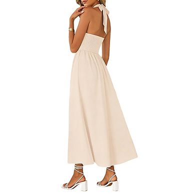 Womens Square Neck Sleeveless Halter Straps Smocked Side Pocket Maxi Dress