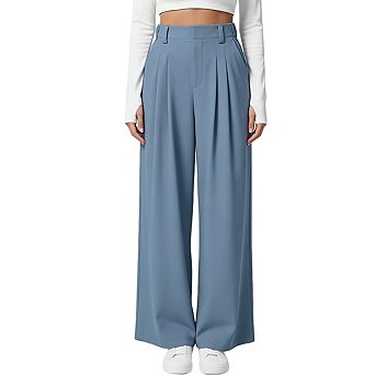 Womens High Waist Pleated Elastic Back Waist Side Pockets Casual Wide Leg Pants