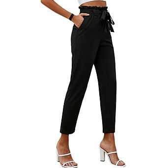 Womens Ruffled High Waist Tapered Leg Self-Tie Belt Side Pockets Casual Pants