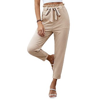 Womens Ruffled High Waist Tapered Leg Self-Tie Belt Side Pockets Casual Pants