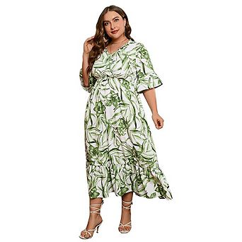 Women's Summer V-neck Bell Sleeve Midi Dress Floral Print Flared Skirt Elastic Waist Casual Dress