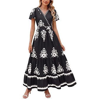 Women Summer Casual V Neck Boho Maxi Dress Flowy Aline Bell Sleeve Tiered Floral Dresses with Pocket