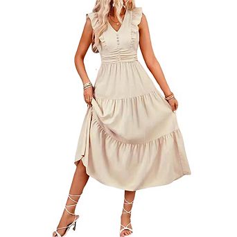 Women Summer V-Neck Ruffle Smocked Dress Fashion Jacquard Sleeveless Slim Fit Long Tiered Cake Dress