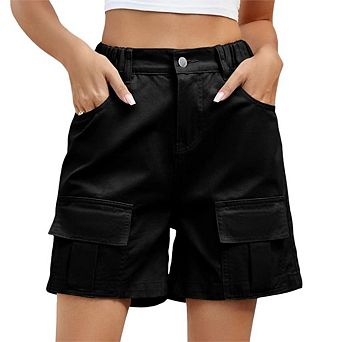 Women's Bermuda Cargo Shorts Knee Length 6 Pockets Elastic Waist Long Shorts for Summer Casual
