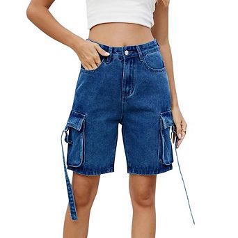 Bermuda Jeans Cargo Shorts for Women Casual Long Knee Length High Waisted Wide Leg Relaxed Fit