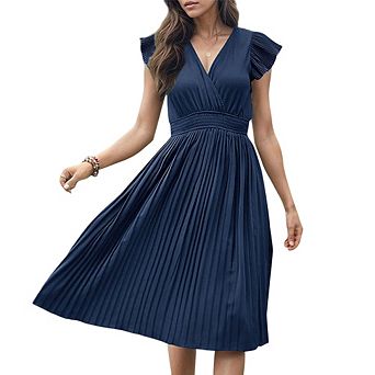 Women High-Waist Pleated V-Neck Dress Summer Elastic Waist Slimming Short Sleeve Midi Dress