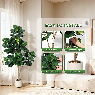 ANIXOL Artificial Fiddle Leaf Fig Tree with Black Planter and White Stones