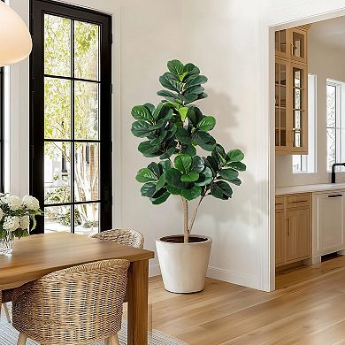 ANIXOL Artificial Fiddle Leaf Fig Tree with Black Planter and White Stones