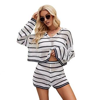 Women's 2 pc Knit Outfits Long Sleeve Striped Crop Hoodie Sweater Causal Hollow Out Shorts Set