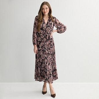 Women's Sandra Darren Long Sleeve Surplice Pleated Dress