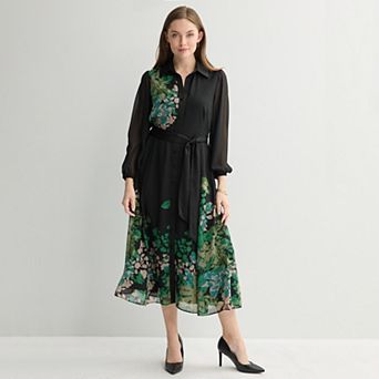 Women's Sandra Darren Long Sleeve Printed Button-Down Midi Dress