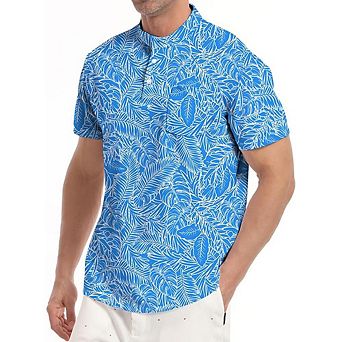 Men's Printed Henley Collarless Golf Polo Shirt Short Sleeve with Pocket