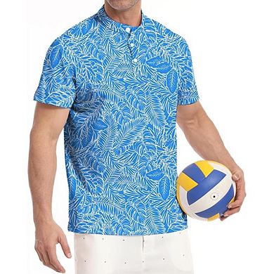 Men's Printed Henley Collarless Golf Polo Shirt Short Sleeve with Pocket